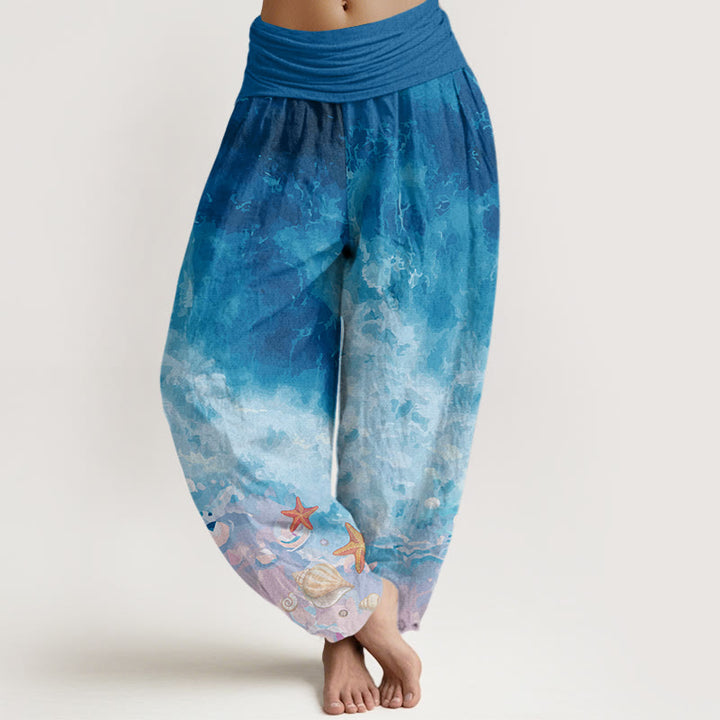 Spodnie haremowe damskie z elastycznym pasem i wzorem „Buddha Stones Vast Ocean” - Stalowoniebieski - US22, UK/AU26, EU54 (6XL) - image 5