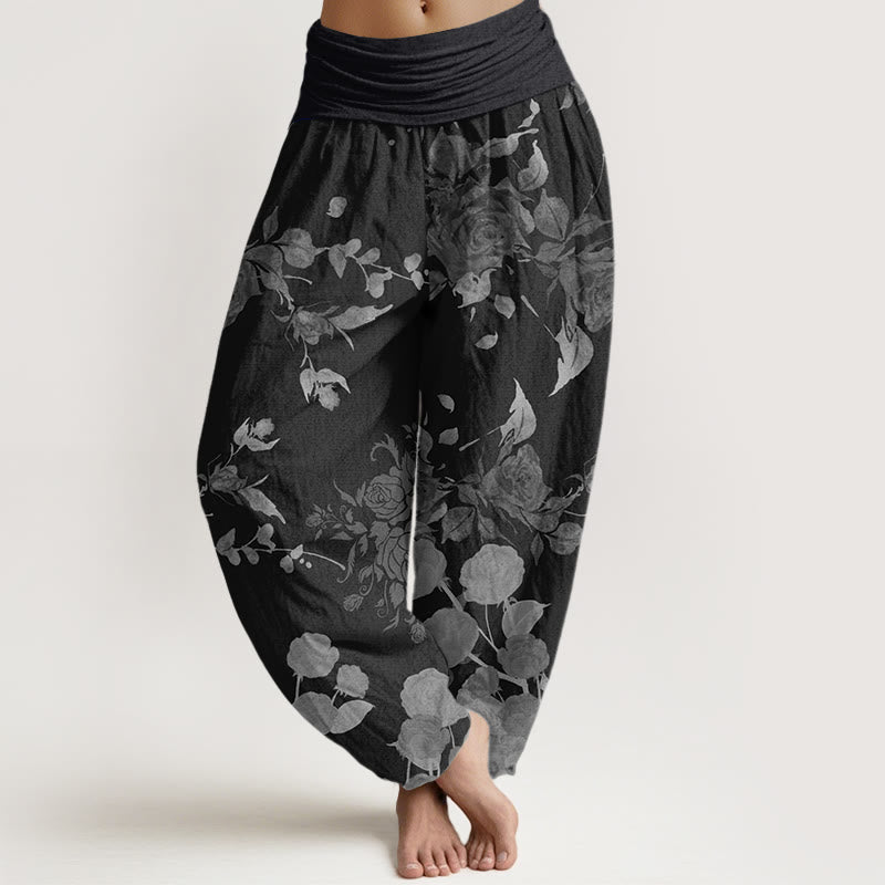 Buddha Stones Kwitnące Kwiaty Wzór Damskie Spodnie Harem Elastyczna Talia - Czarny - US22, UK/AU26, EU54 (6XL) - image 0