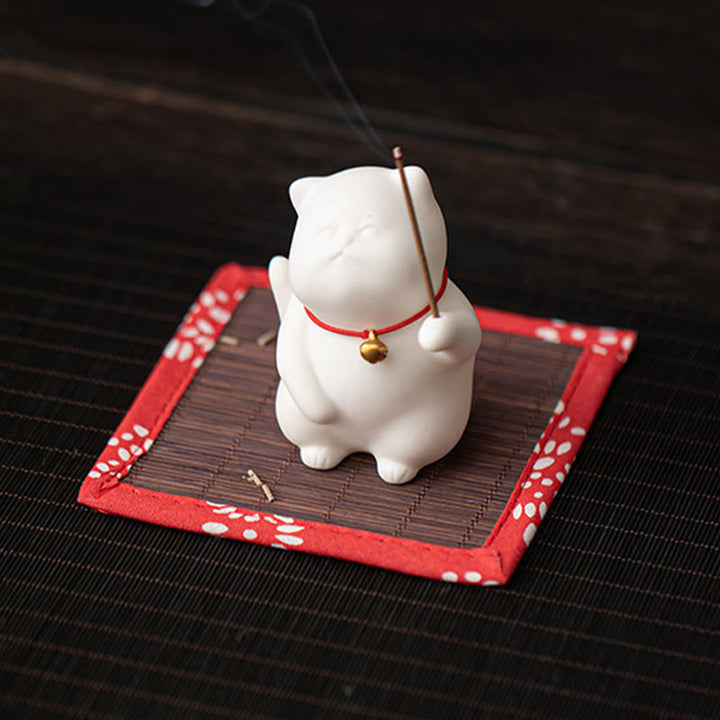 Buddha Stones Dzwonek Kot Bambusowa Mata Uzdrawiająca Ceramiczna Kadzielnica Dekoracja Biurka - image 4