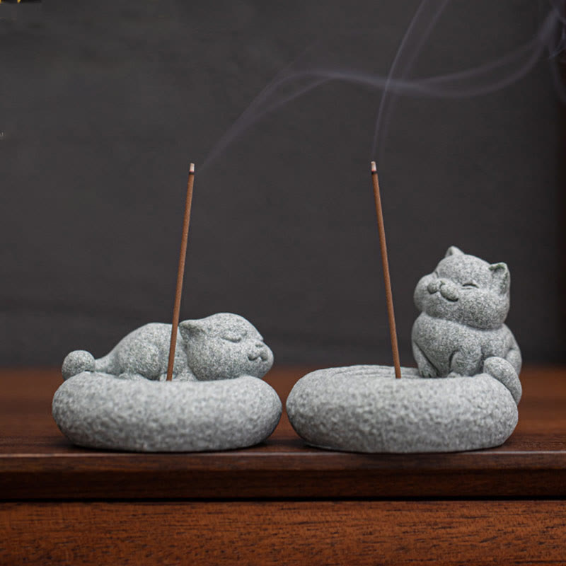 Buddha Stones Uroczy leniwy stojący kot uzdrawiający kadzielnica dekoracja biurka - image 2