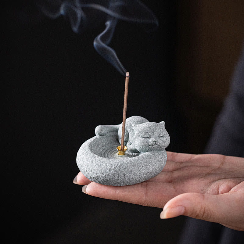 Buddha Stones Uroczy leniwy stojący kot uzdrawiający kadzielnica dekoracja biurka - image 14