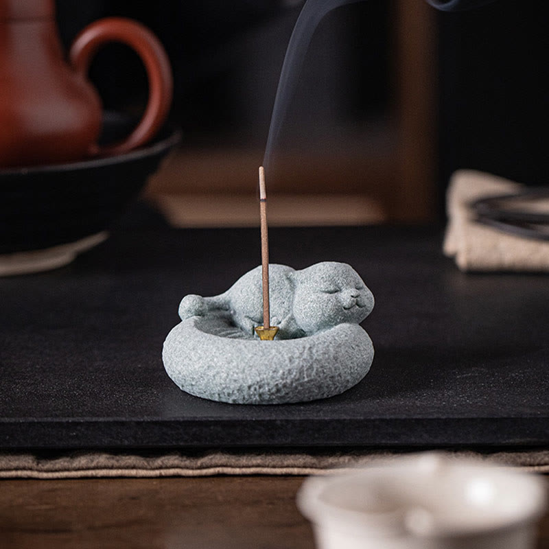Buddha Stones Uroczy leniwy stojący kot uzdrawiający kadzielnica dekoracja biurka - image 16