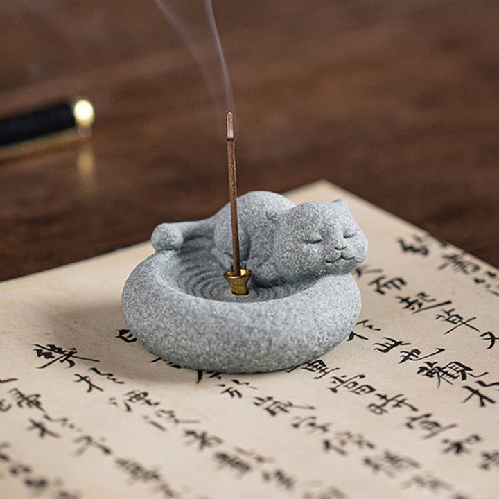 Buddha Stones Uroczy leniwy stojący kot uzdrawiający kadzielnica dekoracja biurka - image 20