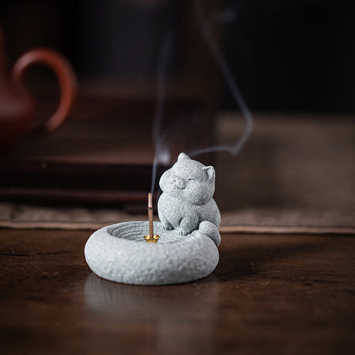 Buddha Stones Uroczy leniwy stojący kot uzdrawiający kadzielnica dekoracja biurka - image 3