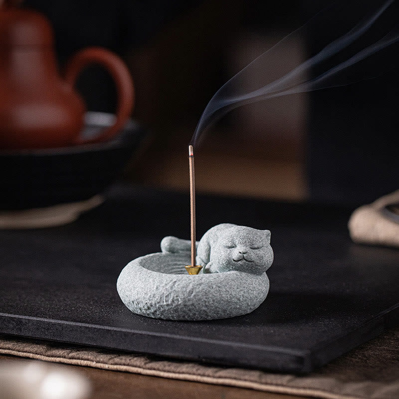 Buddha Stones Uroczy leniwy stojący kot uzdrawiający kadzielnica dekoracja biurka - image 15