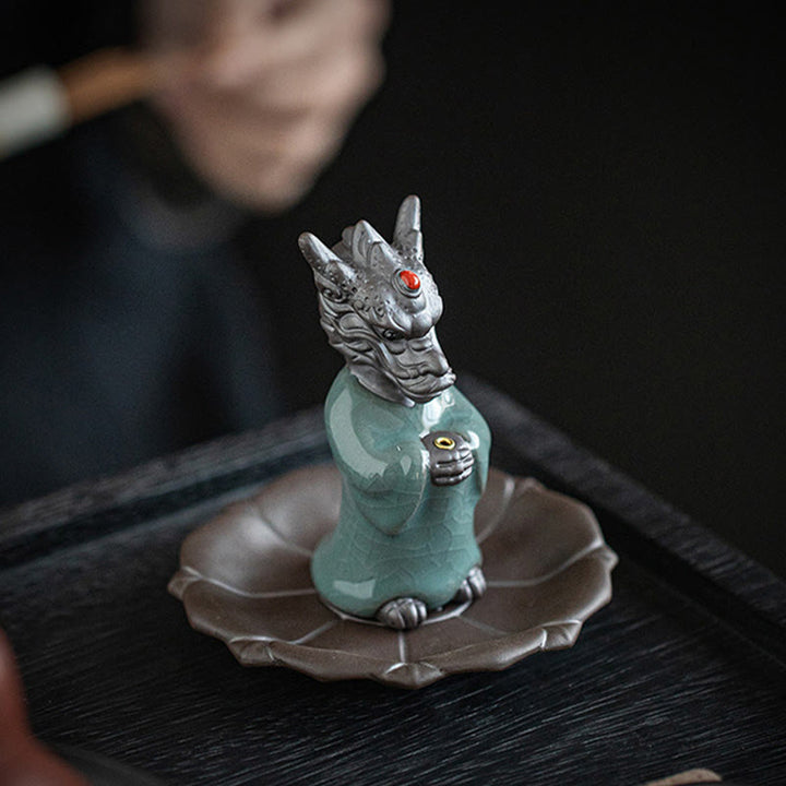 Buddha Stones Modlący się Król Smoków Podstawa Lotosu Fu Charakter Ceramiczny Uzdrawiający Kadzielnica Dekoracja Biurka