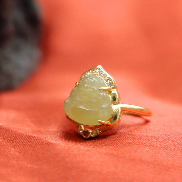 Buddha Stones Naturalny Jadeit Hetian Jajko Tykwa Miedź Śmiejący się Budda Otwarty Pierścień Szczęścia