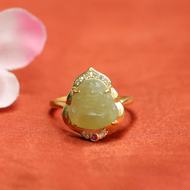 Buddha Stones Naturalny Jadeit Hetian Jajko Tykwa Miedź Śmiejący się Budda Otwarty Pierścień Szczęścia