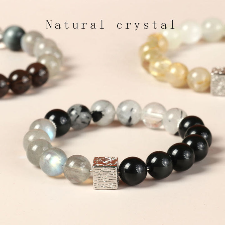 Buddha Stones Czarny Obsydian Czarny Rutilated Quartz Moonstone Cube Strength