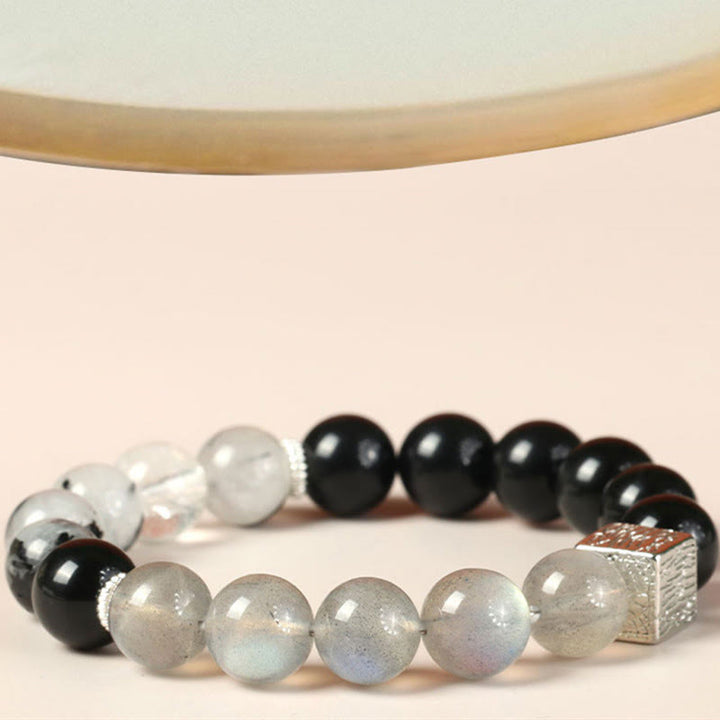 Buddha Stones Czarny Obsydian Czarny Rutilated Quartz Moonstone Cube Strength