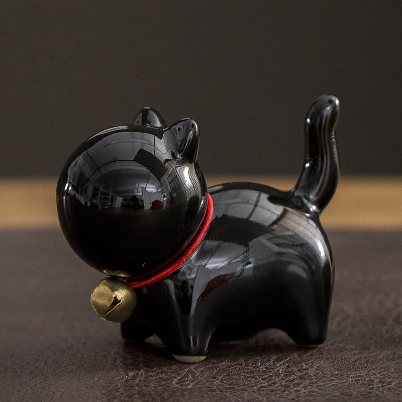 Buddha Stones Mini Słodkie Szczęśliwe Dzwonki Kot Herbata Zwierzę Ceramiczne Figurka Dekoracja Biurka Domowego - Szczęśliwy Kot Czarny 7*3,4*5,8 cm - image 11
