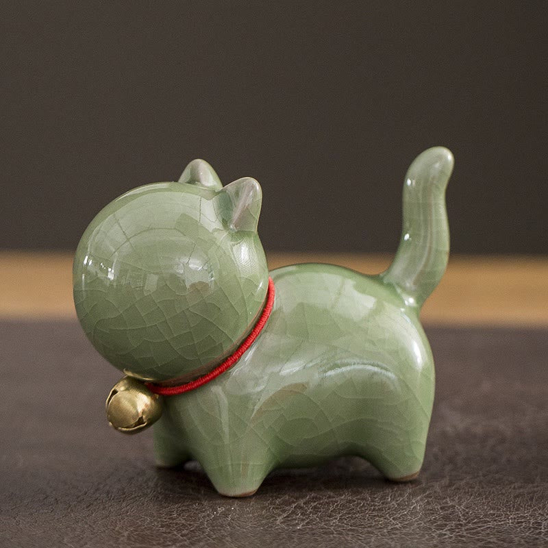 Buddha Stones Mini Słodkie Szczęśliwe Dzwonki Kot Herbata Zwierzę Ceramiczne Figurka Dekoracja Biurka Domowego - Szczęśliwy Kot Zielony 7*3,4*5,8 cm - image 3