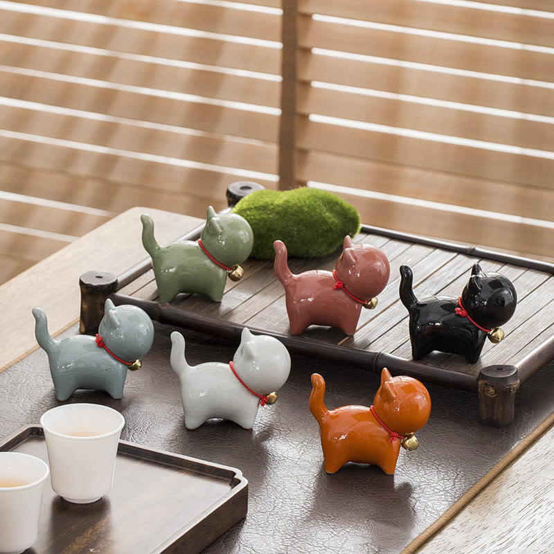 Buddha Stones Mini Słodkie Szczęśliwe Dzwonki Kot Herbata Zwierzę Ceramiczne Figurka Dekoracja Biurka Domowego - image 1