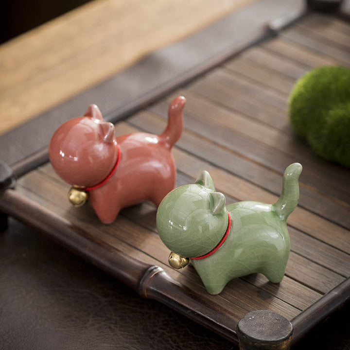 Buddha Stones Mini Słodkie Szczęśliwe Dzwonki Kot Herbata Zwierzę Ceramiczne Figurka Dekoracja Biurka Domowego - image 0