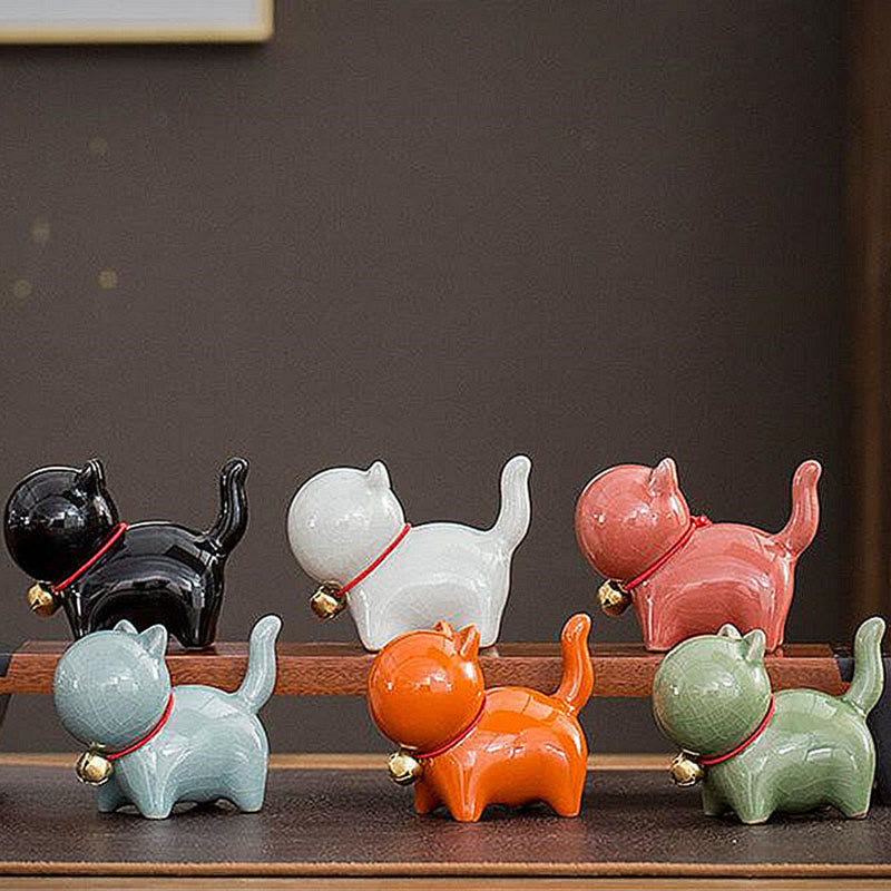 Buddha Stones Mini Słodkie Szczęśliwe Dzwonki Kot Herbata Zwierzę Ceramiczne Figurka Dekoracja Biurka Domowego - image 22