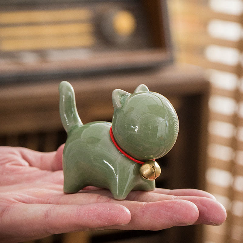 Buddha Stones Mini Słodkie Szczęśliwe Dzwonki Kot Herbata Zwierzę Ceramiczne Figurka Dekoracja Biurka Domowego - image 4
