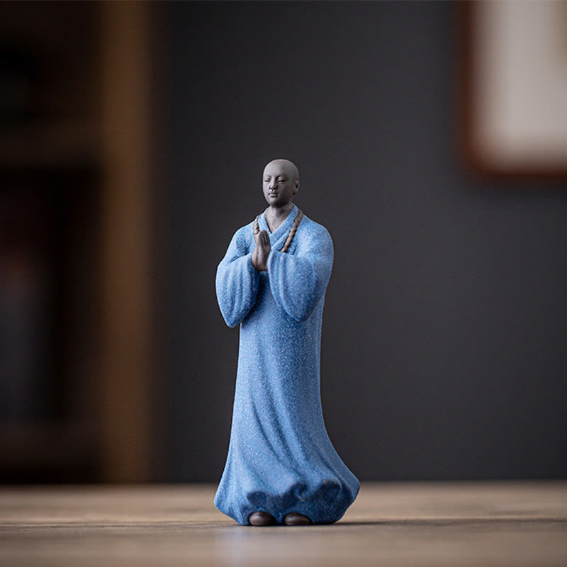 Buddha Stones Medytujący Modlący się Mnich Figurka Ceramiczna Współczucie Spokój Dekoracja Domu - Niebieski mnich 5*5*13cm - image 21