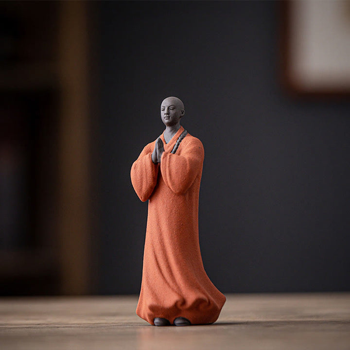 Buddha Stones Medytujący Modlący się Mnich Figurka Ceramiczna Współczucie Spokój Dekoracja Domu - Pomarańczowy Mnich 5*5*13cm - image 4