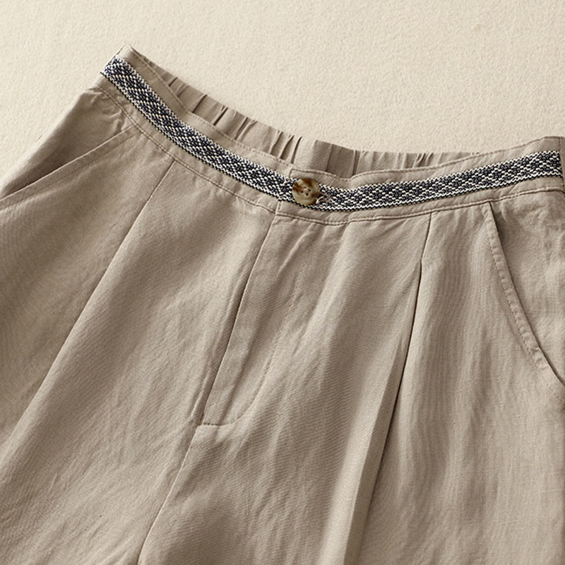 Buddha Stones Jednokolorowe Przód Guziki Tył Elastyczna Bawełna Len Spodnie Damskie Z Kieszeniami - image 18