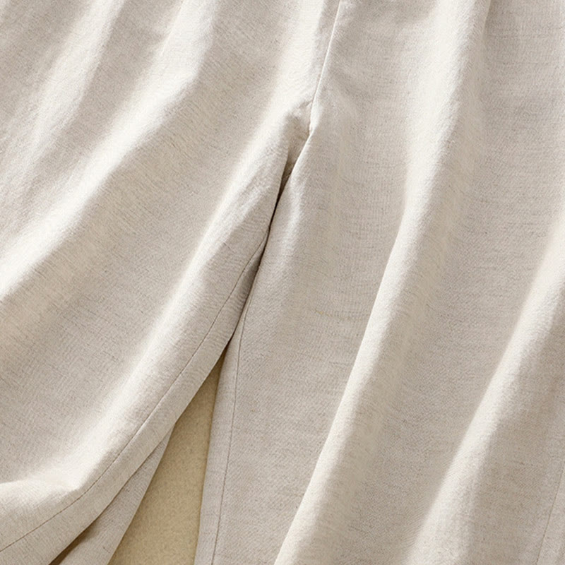 Buddha Stones Jednokolorowe Przód Guziki Tył Elastyczna Bawełna Len Spodnie Damskie Z Kieszeniami - image 5