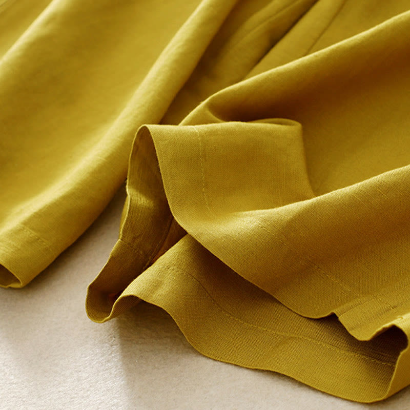 Buddha Stones Jednokolorowe Przód Guziki Tył Elastyczna Bawełna Len Spodnie Damskie Z Kieszeniami - image 15