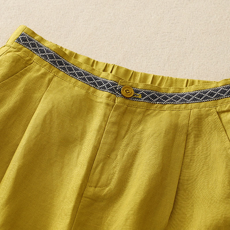 Buddha Stones Jednokolorowe Przód Guziki Tył Elastyczna Bawełna Len Spodnie Damskie Z Kieszeniami - image 11