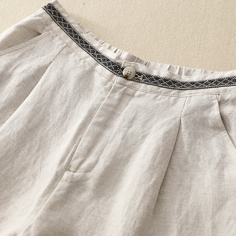 Buddha Stones Jednokolorowe Przód Guziki Tył Elastyczna Bawełna Len Spodnie Damskie Z Kieszeniami - image 4