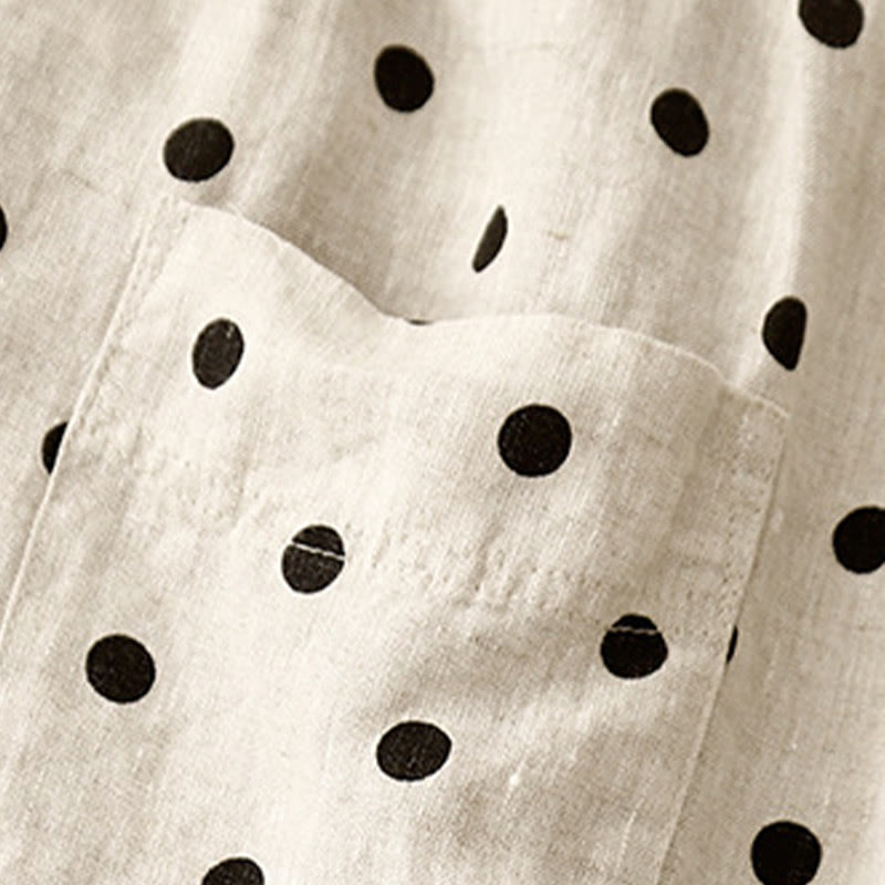 Buddha Stones Casual Czarne Groszki Ściągacz Bawełna Len Spodnie Damskie Z Kieszeniami