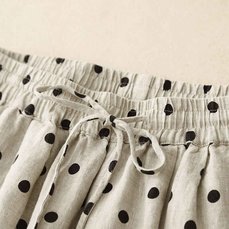 Buddha Stones Casual Czarne Groszki Ściągacz Bawełna Len Spodnie Damskie Z Kieszeniami