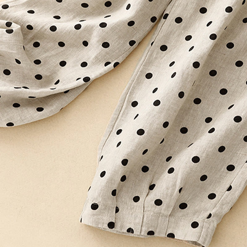 Buddha Stones Casual Czarne Groszki Ściągacz Bawełna Len Spodnie Damskie Z Kieszeniami - image 12