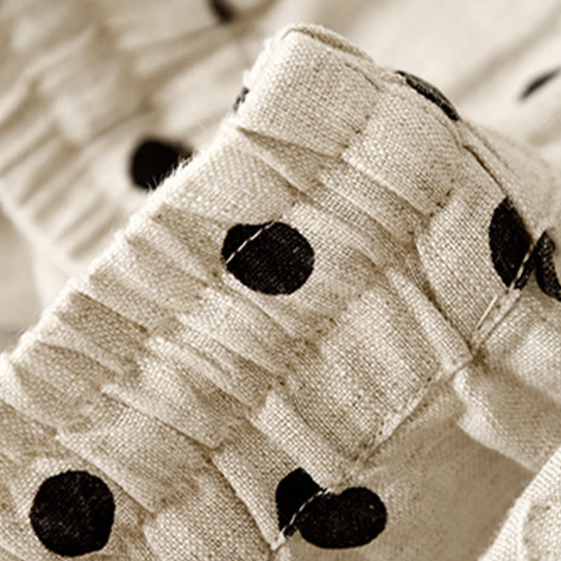 Buddha Stones Casual Czarne Groszki Ściągacz Bawełna Len Spodnie Damskie Z Kieszeniami