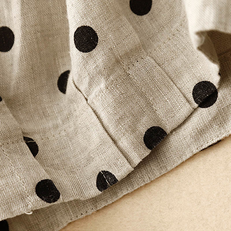 Buddha Stones Casual Czarne Groszki Ściągacz Bawełna Len Spodnie Damskie Z Kieszeniami