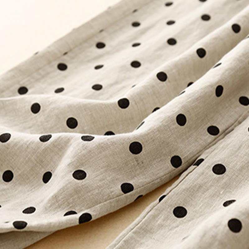 Buddha Stones Casual Czarne Groszki Ściągacz Bawełna Len Spodnie Damskie Z Kieszeniami