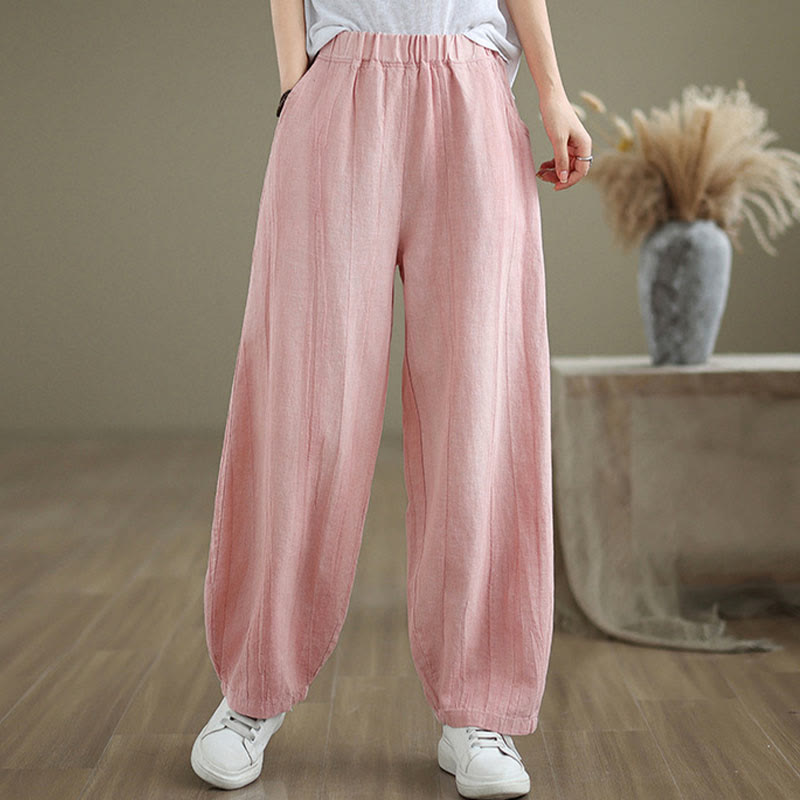 Buddha Stones Jednolity Kolor Marszczony Wzór Elastyczny Pas Bawełna Len Spodnie Damskie Z Kieszeniami - image 23