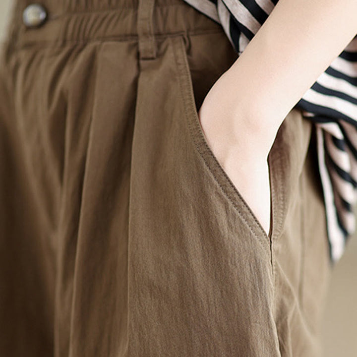 Buddha Stones Casual Jednokolorowe Jednokolorowe Spodnie Damskie Z Elastycznym Pasem Z Jednym Guzikiem Bawełna Lniana Z Kieszeniami