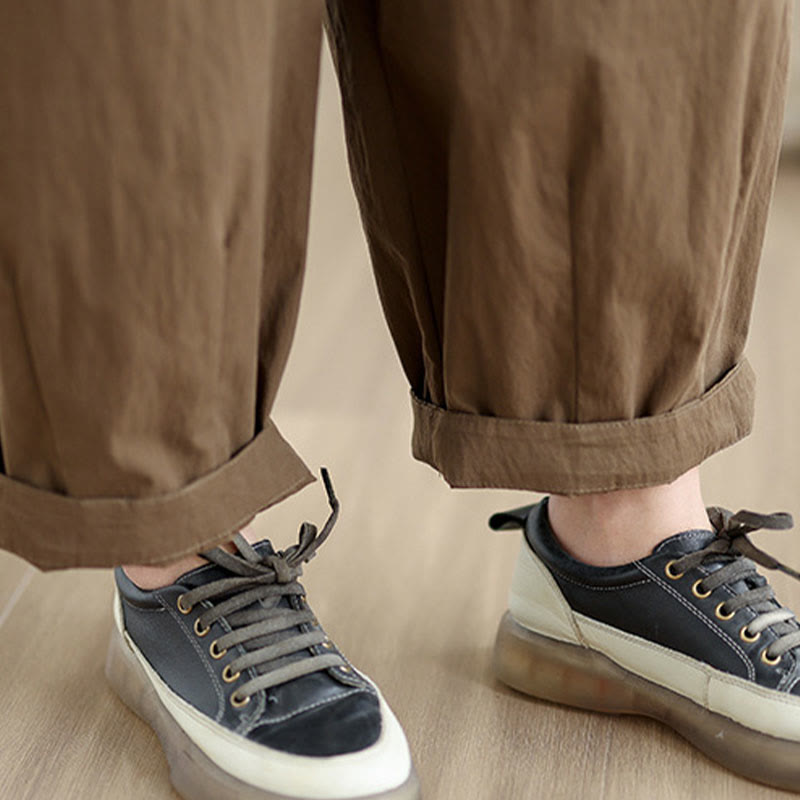 Buddha Stones Casual Jednokolorowe Jednokolorowe Spodnie Damskie Z Elastycznym Pasem Z Jednym Guzikiem Bawełna Lniana Z Kieszeniami