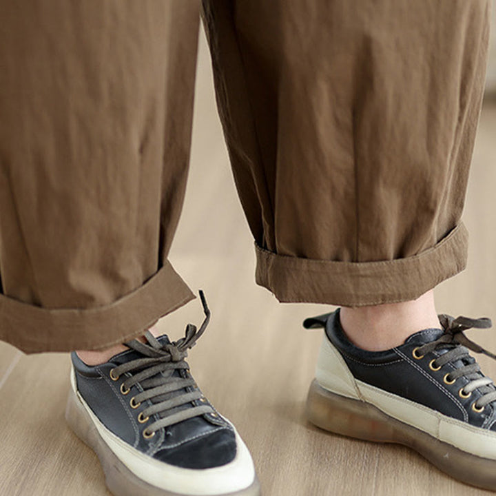 Buddha Stones Casual Jednokolorowe Jednokolorowe Spodnie Damskie Z Elastycznym Pasem Z Jednym Guzikiem Bawełna Lniana Z Kieszeniami