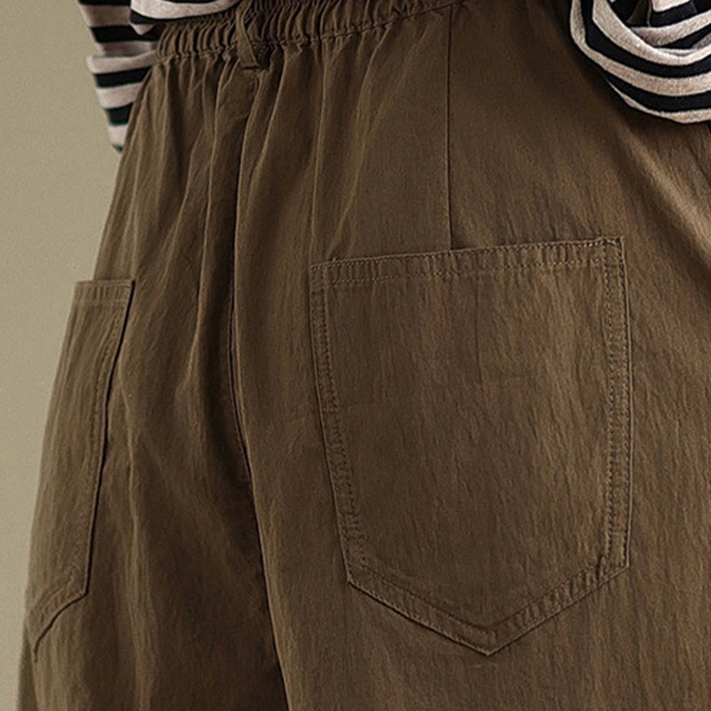 Buddha Stones Casual Jednokolorowe Jednokolorowe Spodnie Damskie Z Elastycznym Pasem Z Jednym Guzikiem Bawełna Lniana Z Kieszeniami