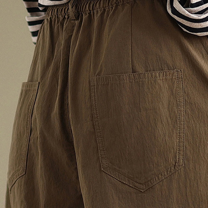 Buddha Stones Casual Jednokolorowe Jednokolorowe Spodnie Damskie Z Elastycznym Pasem Z Jednym Guzikiem Bawełna Lniana Z Kieszeniami