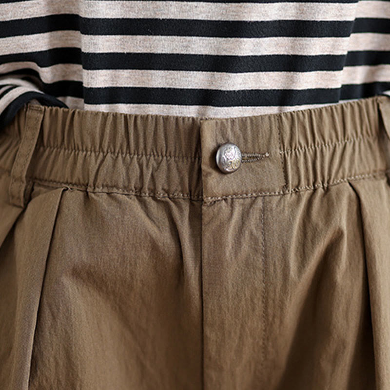 Buddha Stones Casual Jednokolorowe Jednokolorowe Spodnie Damskie Z Elastycznym Pasem Z Jednym Guzikiem Bawełna Lniana Z Kieszeniami