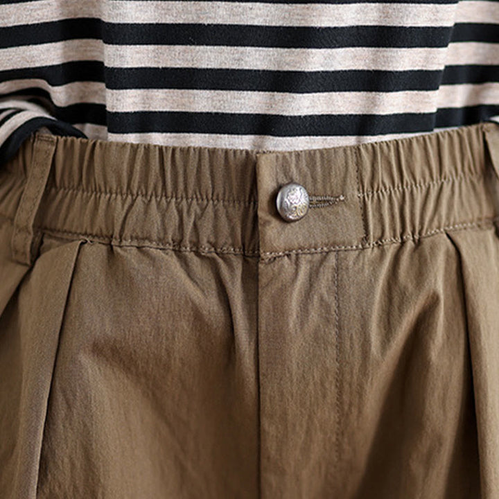 Buddha Stones Casual Jednokolorowe Jednokolorowe Spodnie Damskie Z Elastycznym Pasem Z Jednym Guzikiem Bawełna Lniana Z Kieszeniami