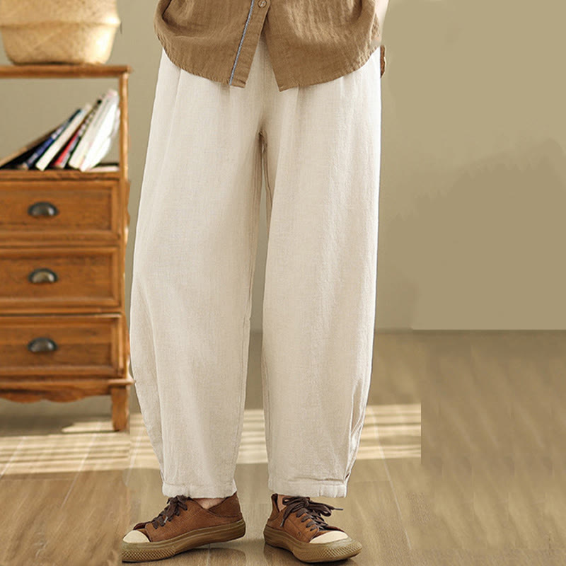 Buddha Stones Casual Jednokolorowe Zwężane Elastyczne Spodnie Damskie Z Kieszeniami Bawełniano-Lniane - image 11