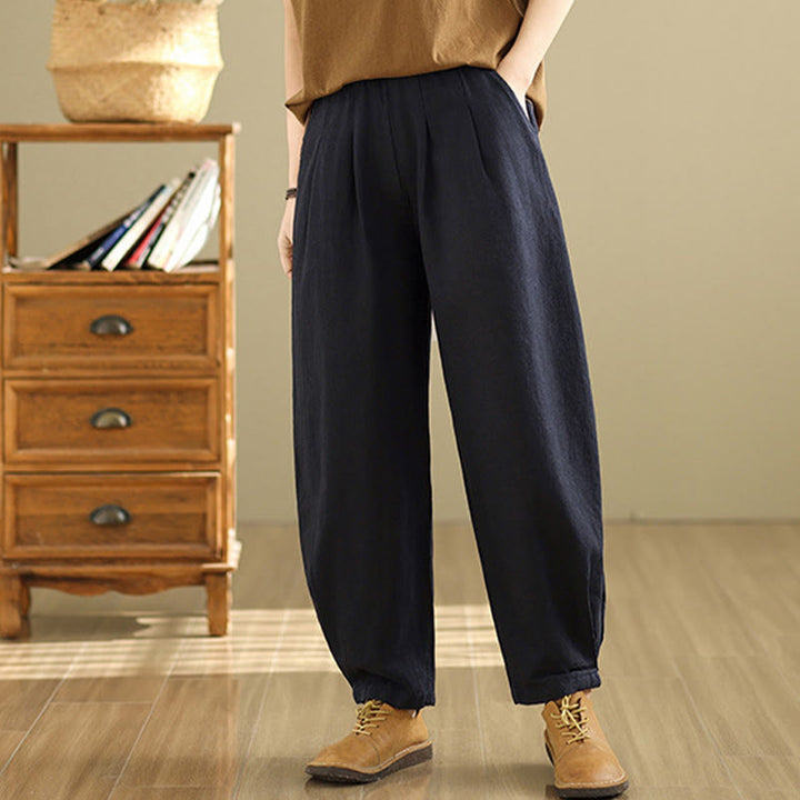 Buddha Stones Casual Jednokolorowe Zwężane Elastyczne Spodnie Damskie Z Kieszeniami Bawełniano-Lniane - image 20