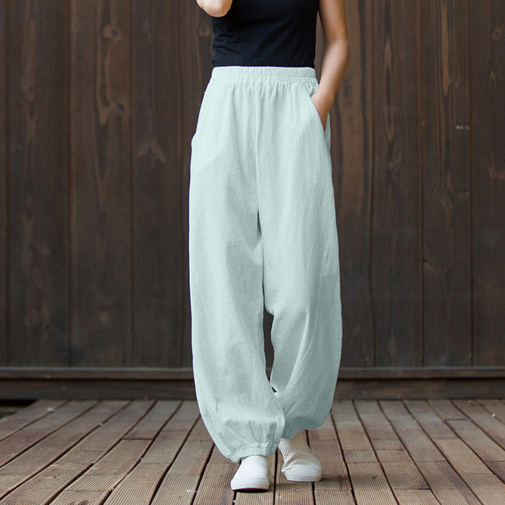 Buddha Stones Casual Jednolity Kolor Gładki Elastyczny Pas Bawełniana Ramia Damskie Spodnie Z Kieszeniami - Akwamaryn - US4, UK/AU8, EU36 (L) - image 34