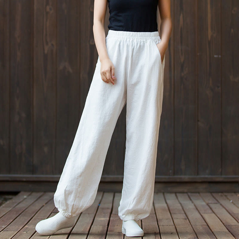 Buddha Stones Casual Jednolity Kolor Gładki Elastyczny Pas Bawełniana Ramia Damskie Spodnie Z Kieszeniami - image 10