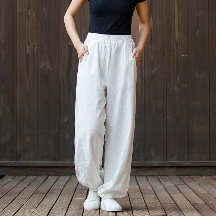 Buddha Stones Casual Jednolity Kolor Gładki Elastyczny Pas Bawełniana Ramia Damskie Spodnie Z Kieszeniami - image 8