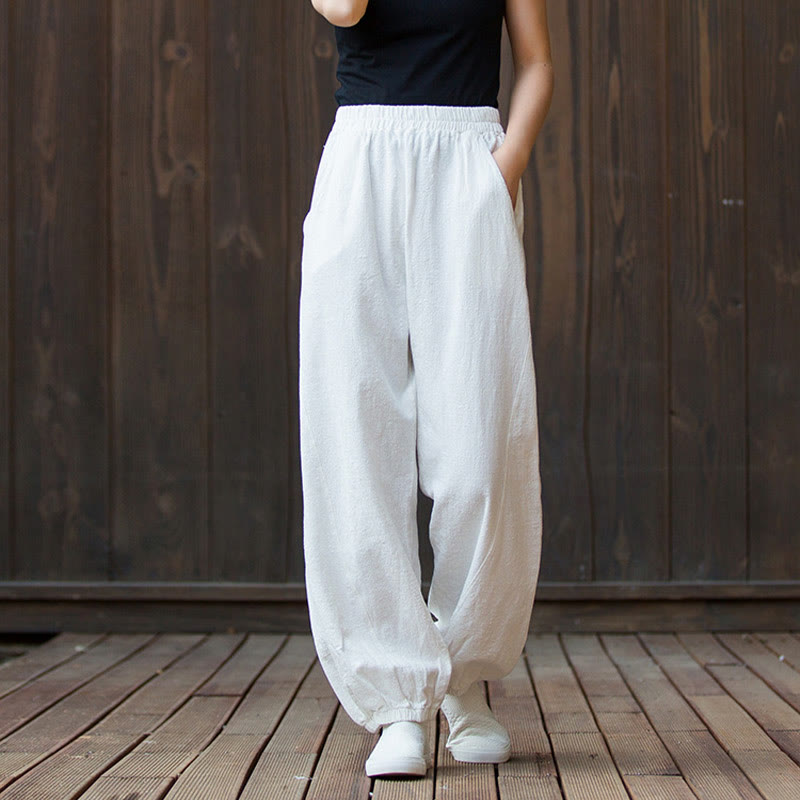 Buddha Stones Casual Jednolity Kolor Gładki Elastyczny Pas Bawełniana Ramia Damskie Spodnie Z Kieszeniami - image 9