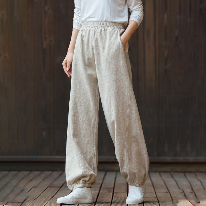 Buddha Stones Casual Jednolity Kolor Gładki Elastyczny Pas Bawełniana Ramia Damskie Spodnie Z Kieszeniami - image 19