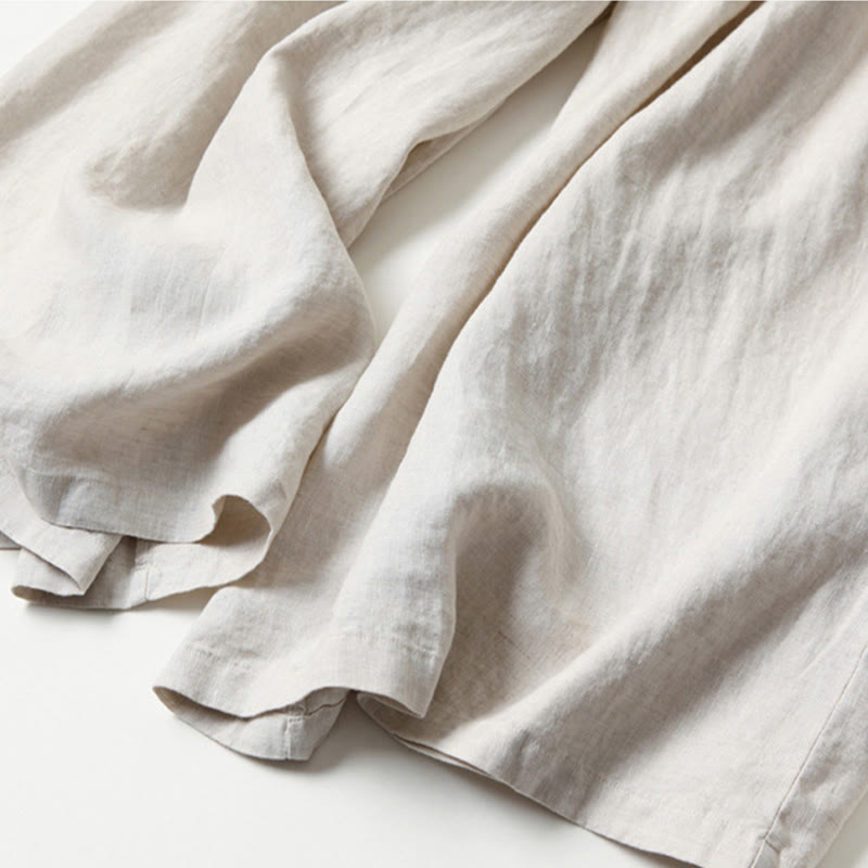 Buddha Stones Spodnie z wysokim stanem, szeroką nogawką, bawełną i lnem, w jednolitym kolorze, z kieszeniami - image 18