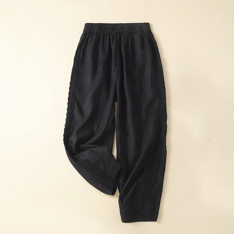 Buddha Stones Jednokolorowe Kwiaty Haftowane Boki Spodnie Damskie Lniane Z Kieszeniami